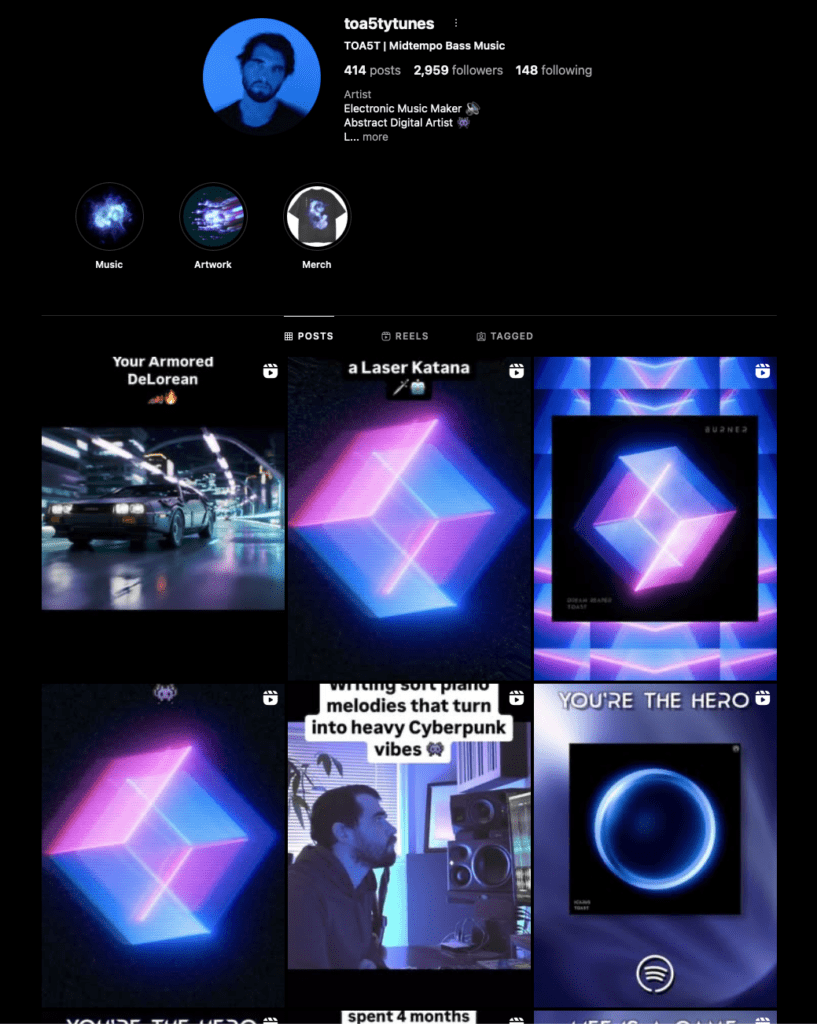 Screenshot of music artist’s Instagram with brand visuals and promotions